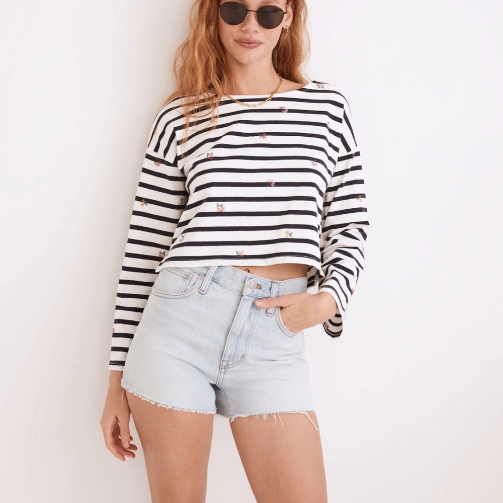 Madewell Cross-Stitch Embroidered Supercrop Long-Sleeve Tee in Stripe